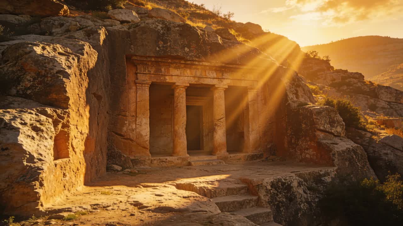 Il sole vicino all'orizzonte proietta raggi dorati, illuminando la facciata di una tomba scavata nella roccia con tre colonne e scalini.