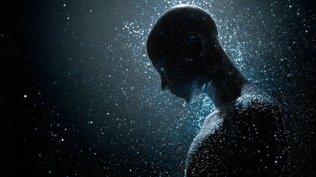 Digital representation of a person's profile composed of millions of glowing particles, symbolizing concepts like artificial intelligence, digital identity, metaverse, and futuristic technology