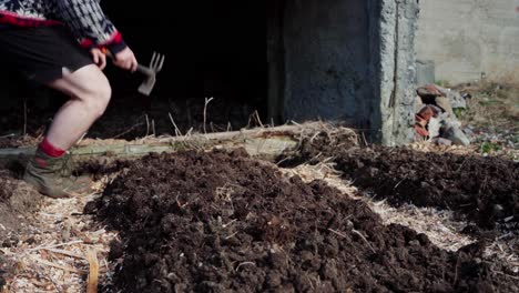 man raking garden soil outdoors - wide shot