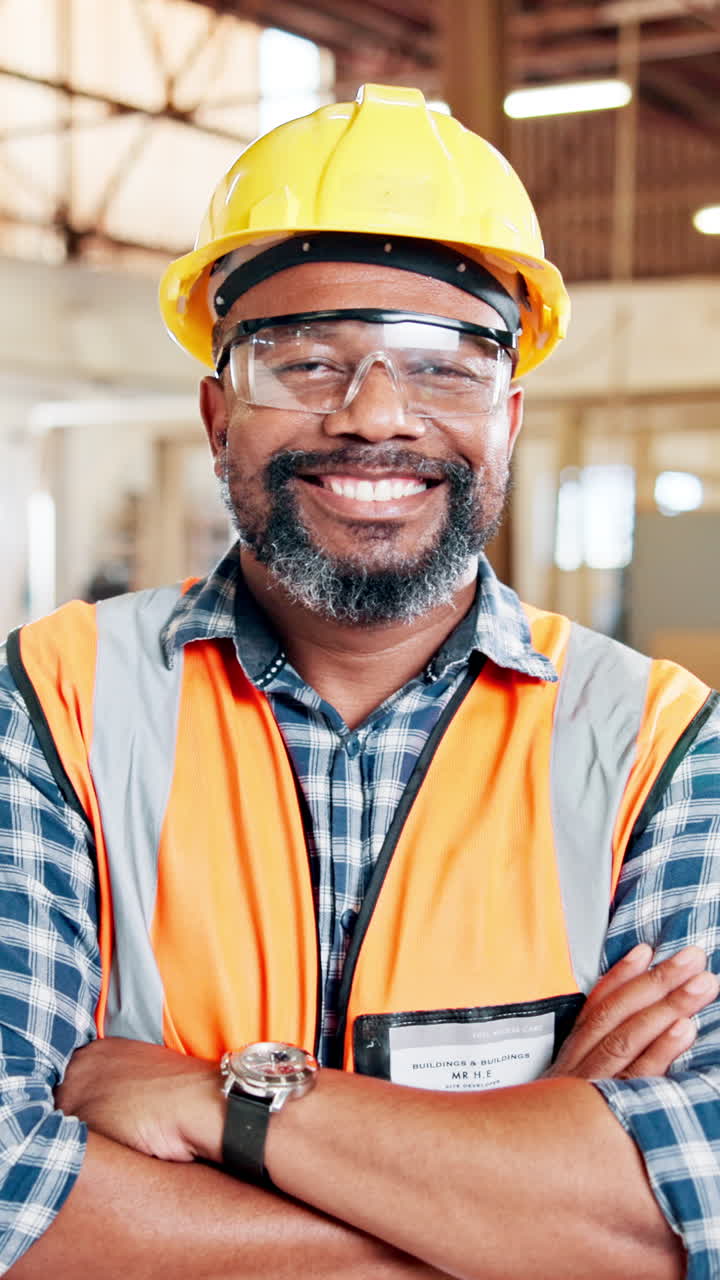 Homem Afro-Americano Sorrindo de Chapéu e Colete de Segurança
