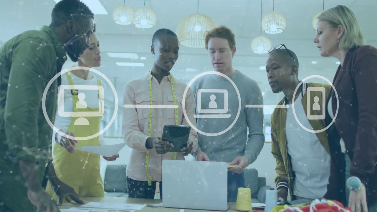 Animation of network of connections with icons over diverse businesspeople in office