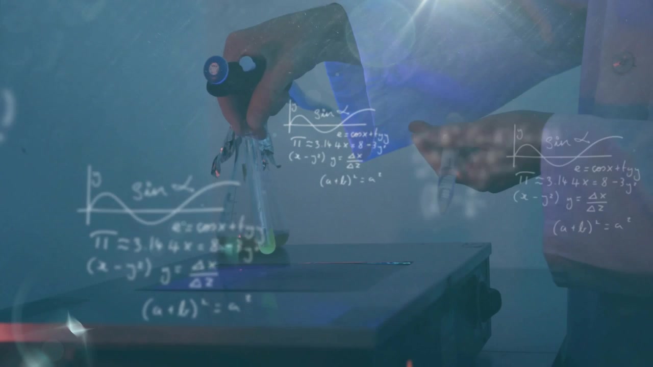 Lab scientist hands lowering clamp and adding drop to glowing flask, math formulas guiding reaction