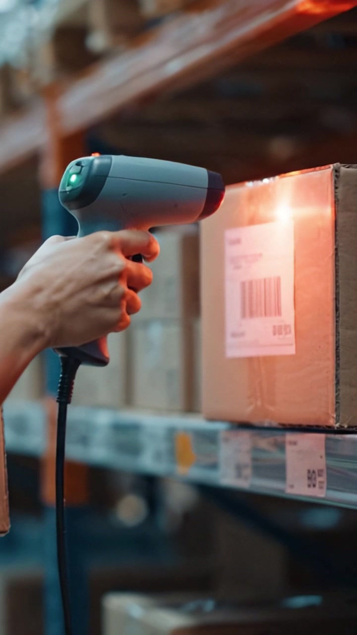 Streamlining Inventory Management: Scanning Barcodes on Shipping Boxes in a Modern Warehouse Setting for Efficient Logistics Operations
