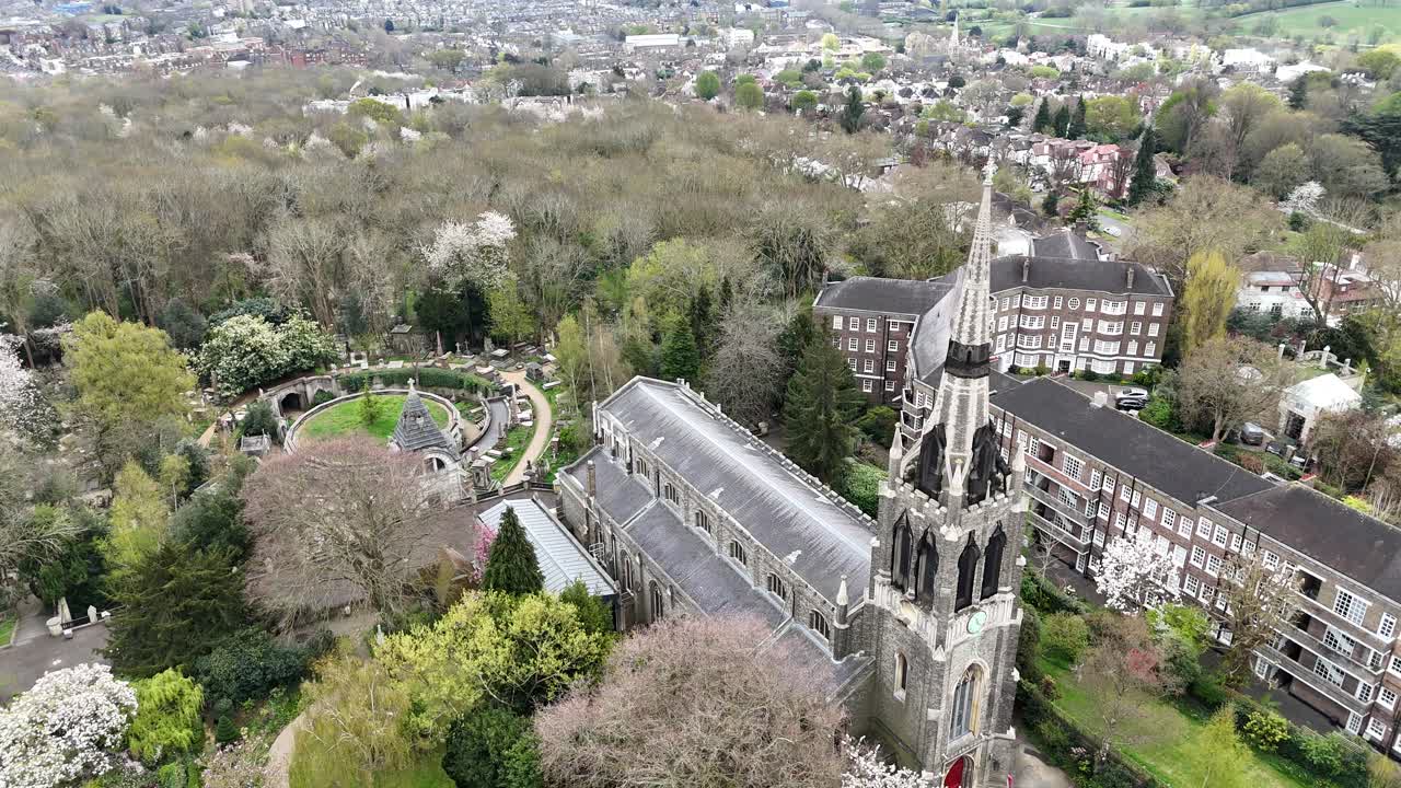St Michael's Church, Highgate London UK drone,aerial Cemetery in background