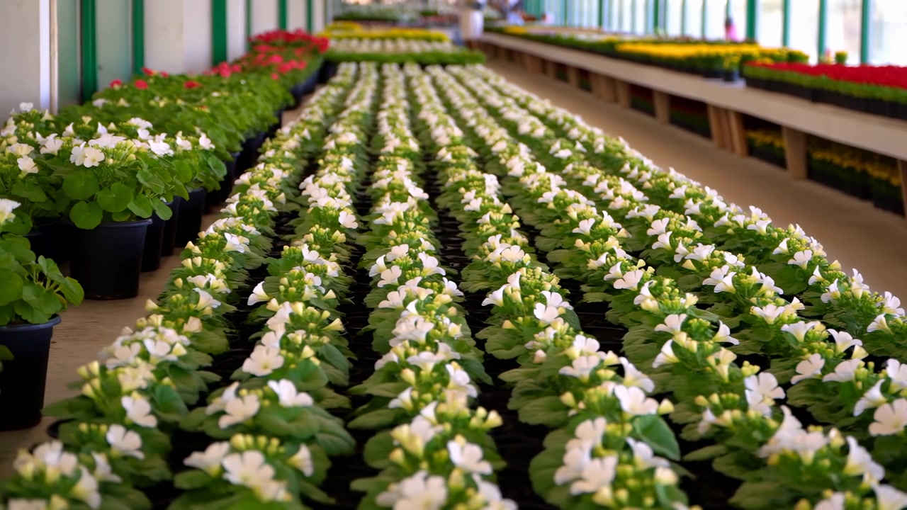 Camera glijdt door een gangpad van een binnenkwekerij, die gecentreerde banken toont met witte bloesems en groen blad, en verre rode en gele bloemen in zacht daglicht.