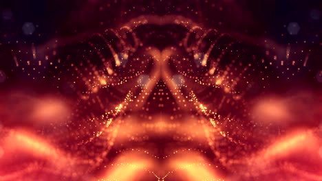las partículas forman una línea, una cuadrícula de superficie o un misterioso espacio virtual. animación 3d sin costuras como fondo de ciencia ficción digital de partículas brillantes con profundidad de campo, bokeh. cadenas de oro rojo 2