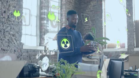 animación de íconos de la ecología sobre diversos colegas que trabajan en la oficina