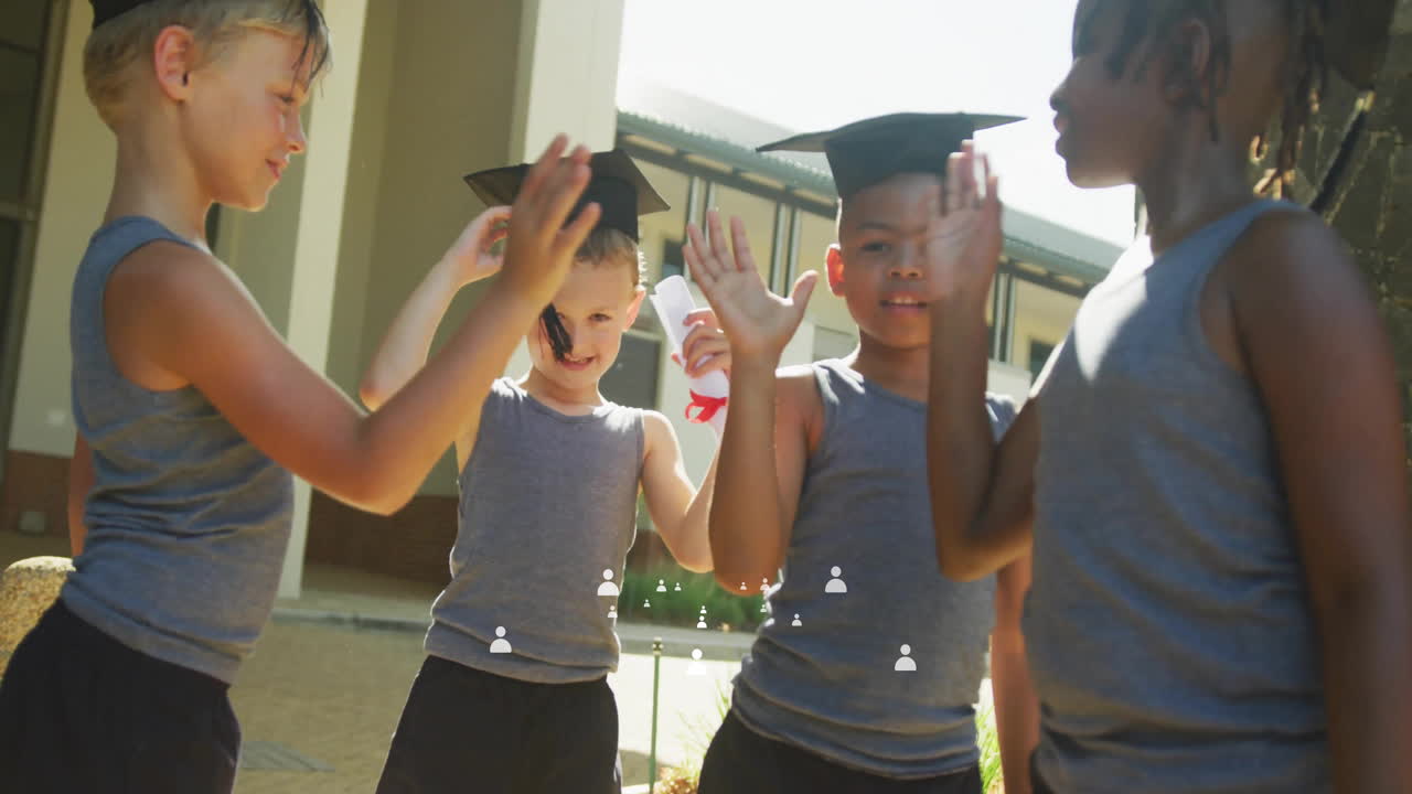 Four boys giving high-fives in education campus, with animated diploma icons and motion graphics
