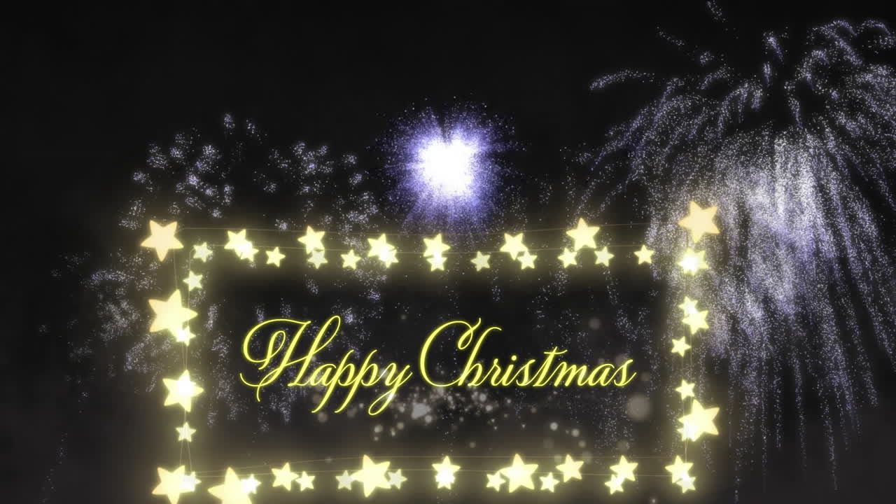 Glowing stars and fireworks display surrounding Happy Christmas text in animation