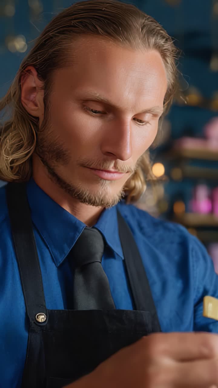 Ein fokussierter Handwerker, der ein wunderschön präsentiertes Geschenk zart mit einem Band verpackt und dabei seine Handwerkskunst in einer charmanten, modernen Umgebung zur Schau stellt.