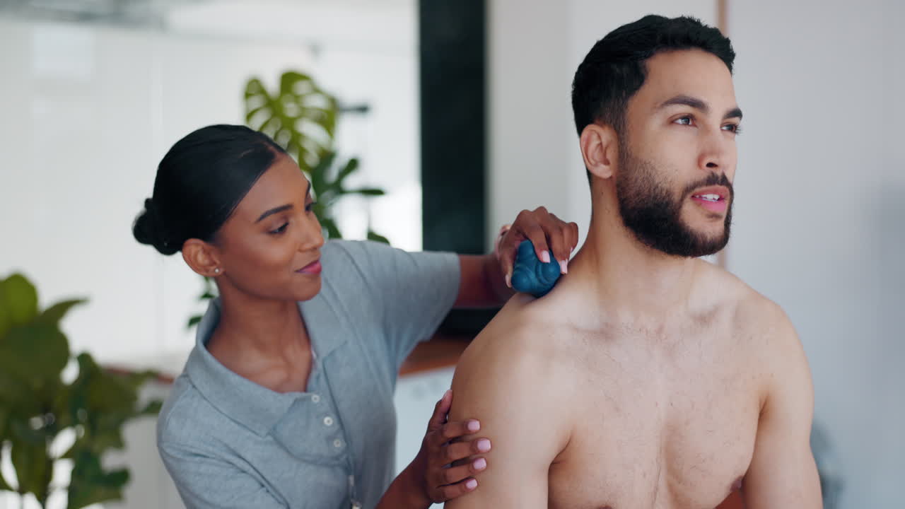 Ball, rehabilitation or man in physiotherapy to