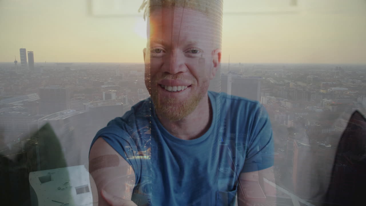 Animation of person smiling with cityscape overlay, blending urban and personal