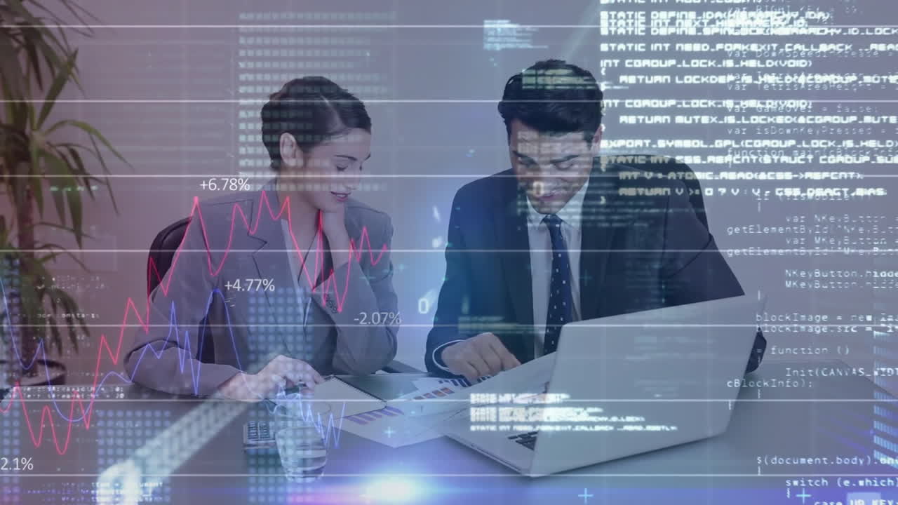 animación del procesamiento de datos financieros sobre diversas personas de negocios en la oficina