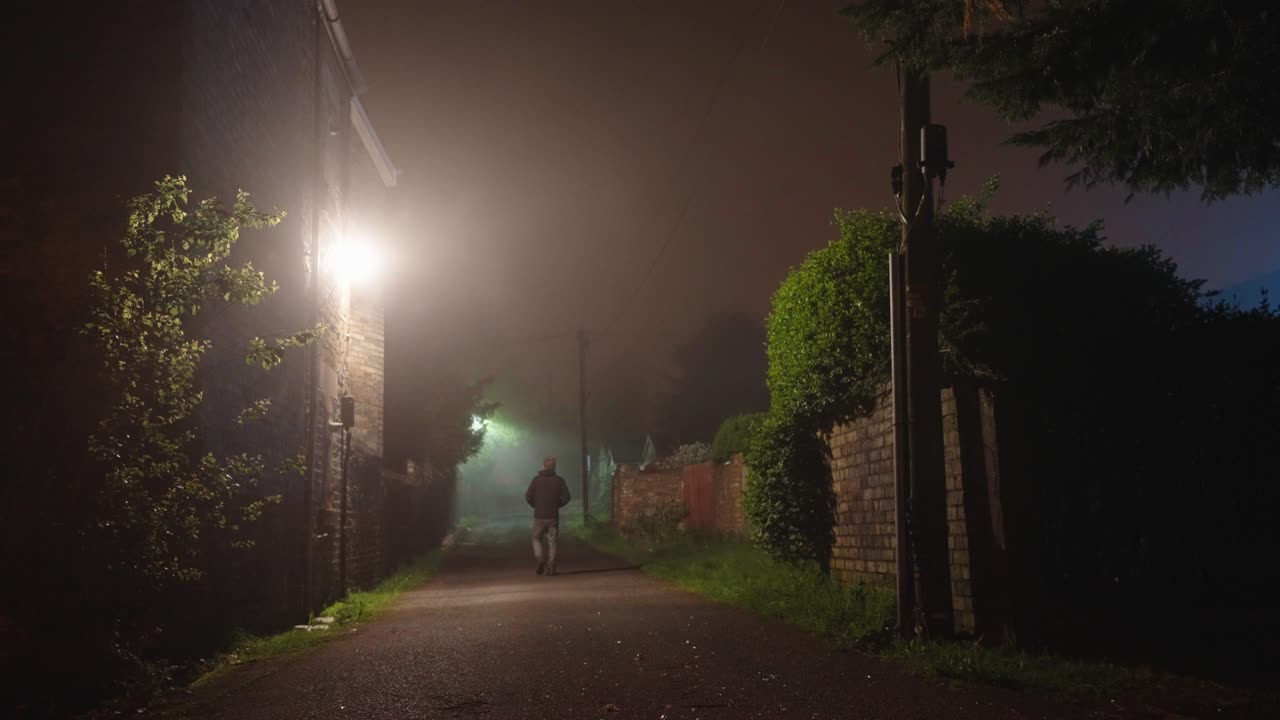 A man wearing all dark walking up a foggy alley at  night, locked off