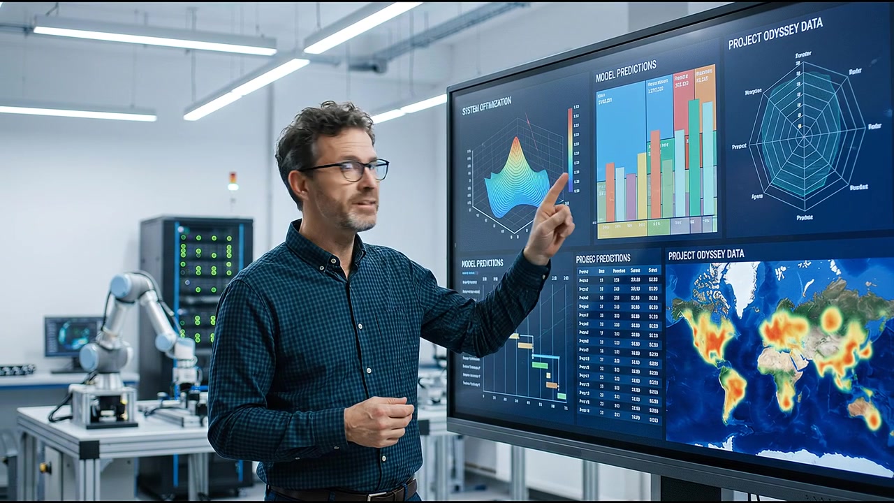 Technology expert presenting artificial intelligence analytics and predictive data on interactive digital display