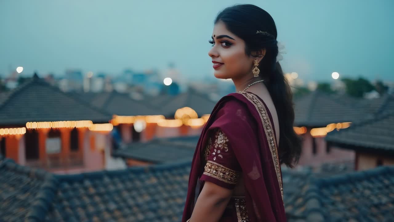 Indian woman wearing a traditional sari dress smiles while posing on a rooftop at dusk, with the warm glow of city lights illuminating the background