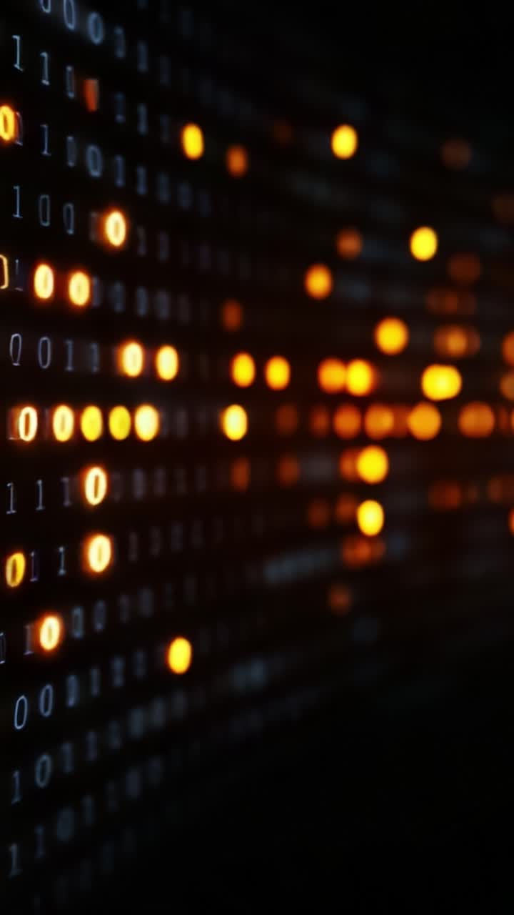 A Captivating Display of Binary Code in Motion with Glowing Orange Lights, Creating an Intriguing Visualization of Digital Data Flowing Across a Dark Background