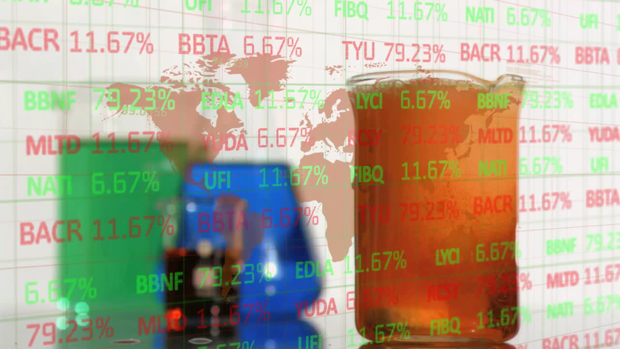 Animation of financial data processing over laboratory beakers