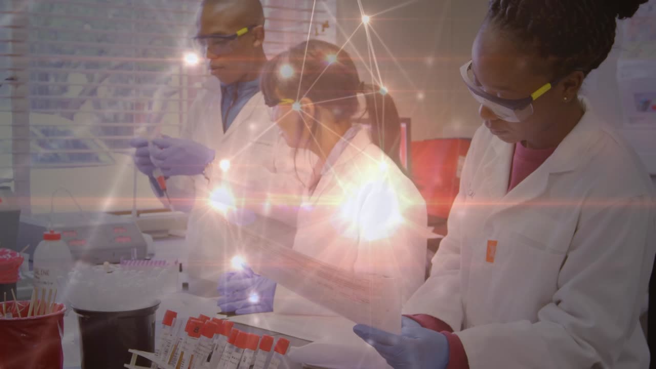 Animation of network of connections over diverse scientists talking in lab