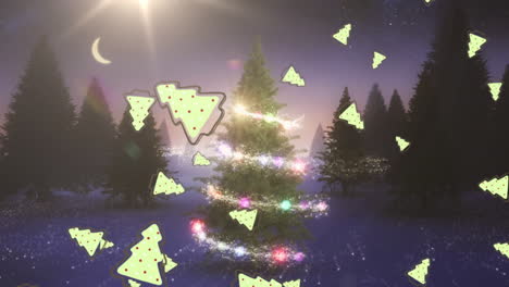 animación de árboles de navidad que caen sobre estrellas fugaces y árboles en el fondo de invierno