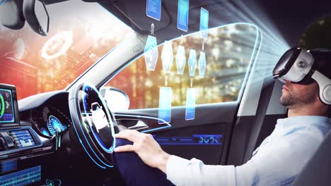 Animation-of-icons-over-businessman-wearing-vr-headset-in-self-driving-car