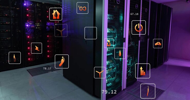 Animation of eco icons and data processing over computer servers