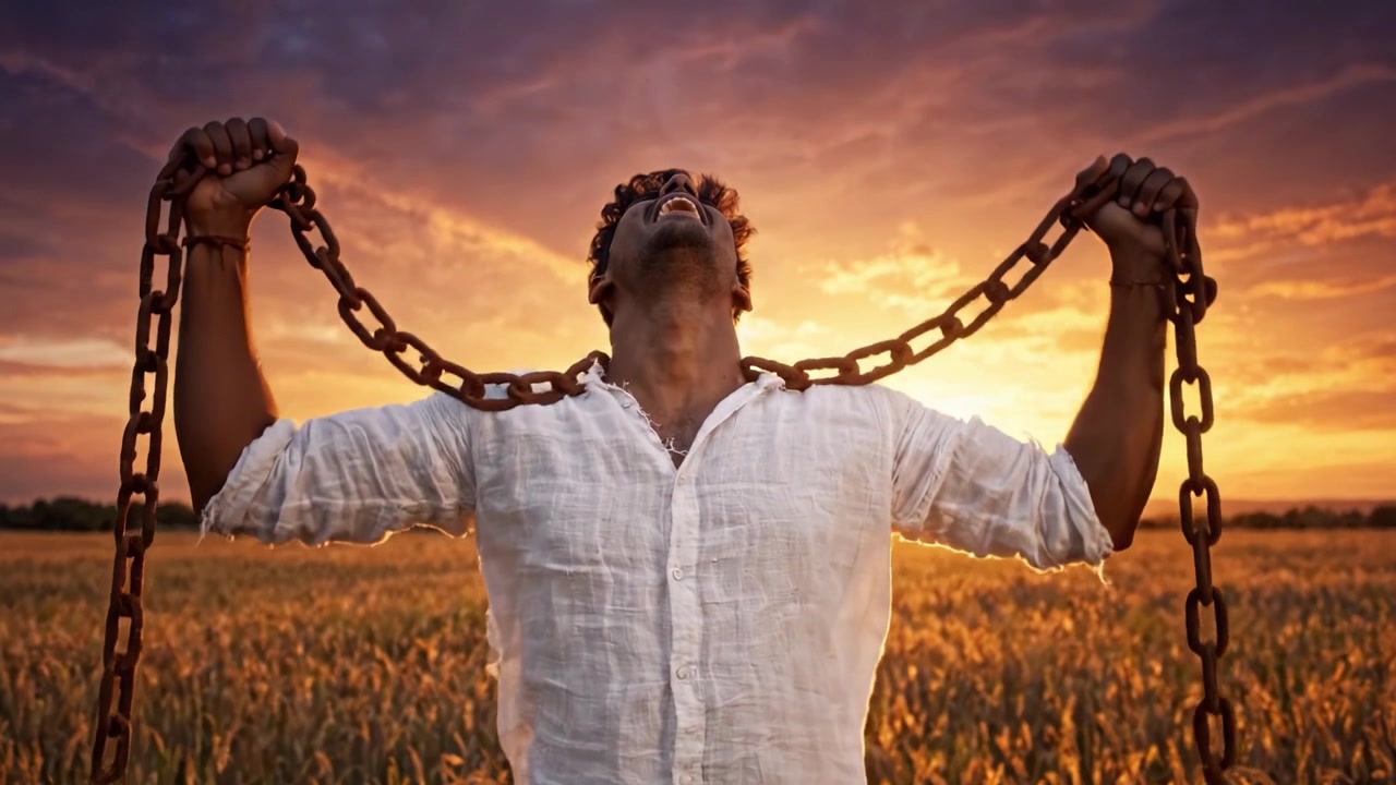 A Powerful Symbol of Freedom: A Young Man Breaking Free from Chains Against a Stunning Sunset Over a Wheat Field