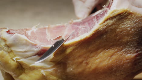 cut juicy appetizing jamon, close-up