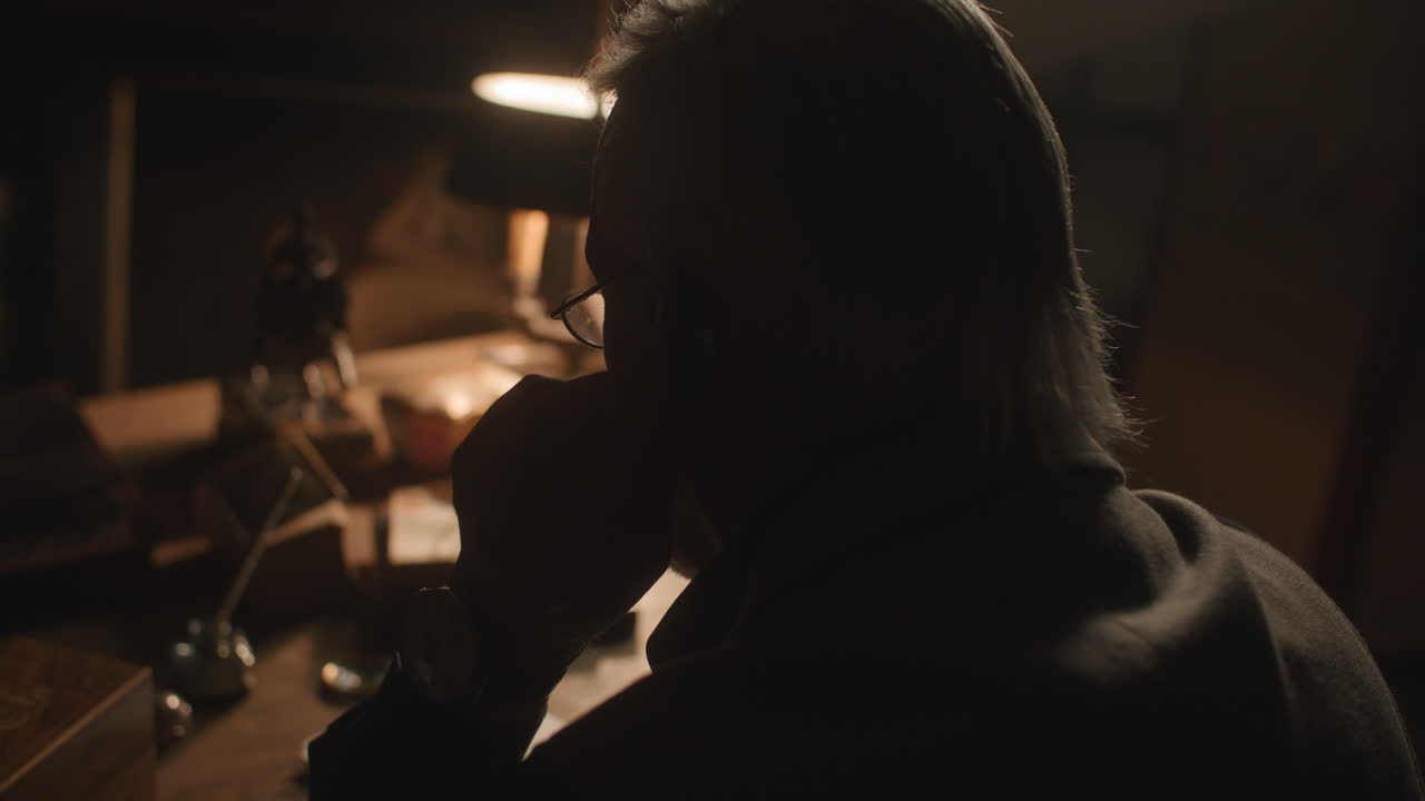 Older passionate man evaluates an old watch in his office at night