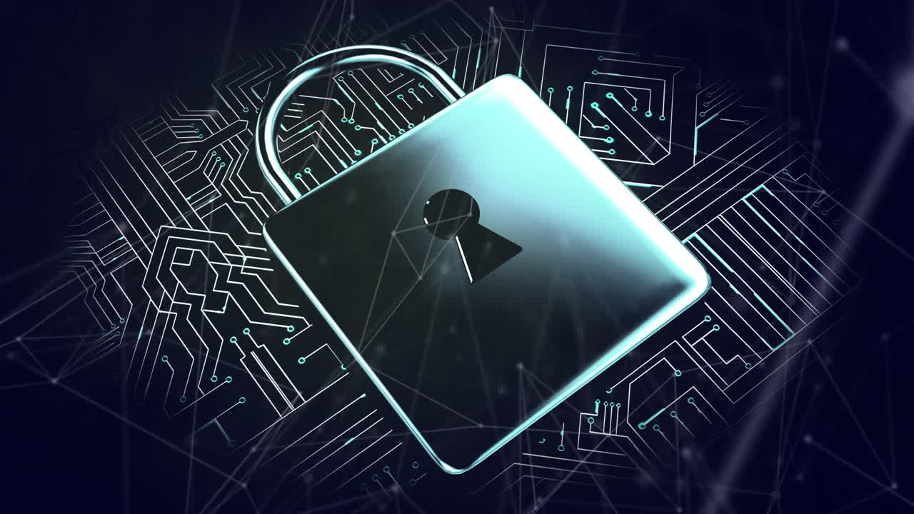 animación de redes de conexiones y icono de candado sobre fondo negro
