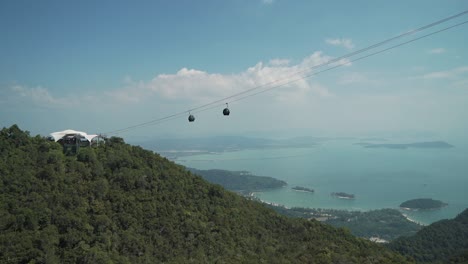 mountain top view of cable cars on top of langkawi islands with the andaman sea in the bacground