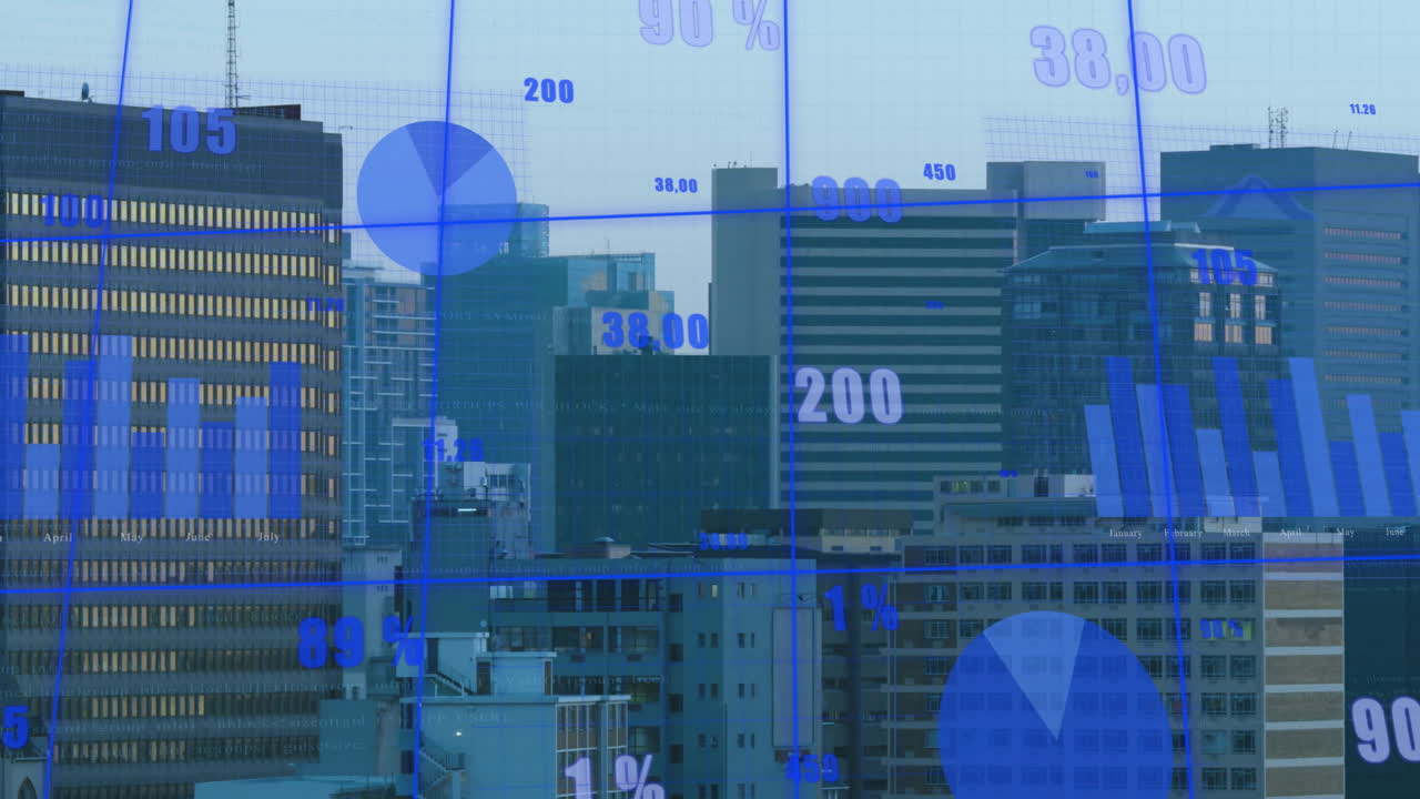 City skyline with data animation overlay showing graphs and percentages