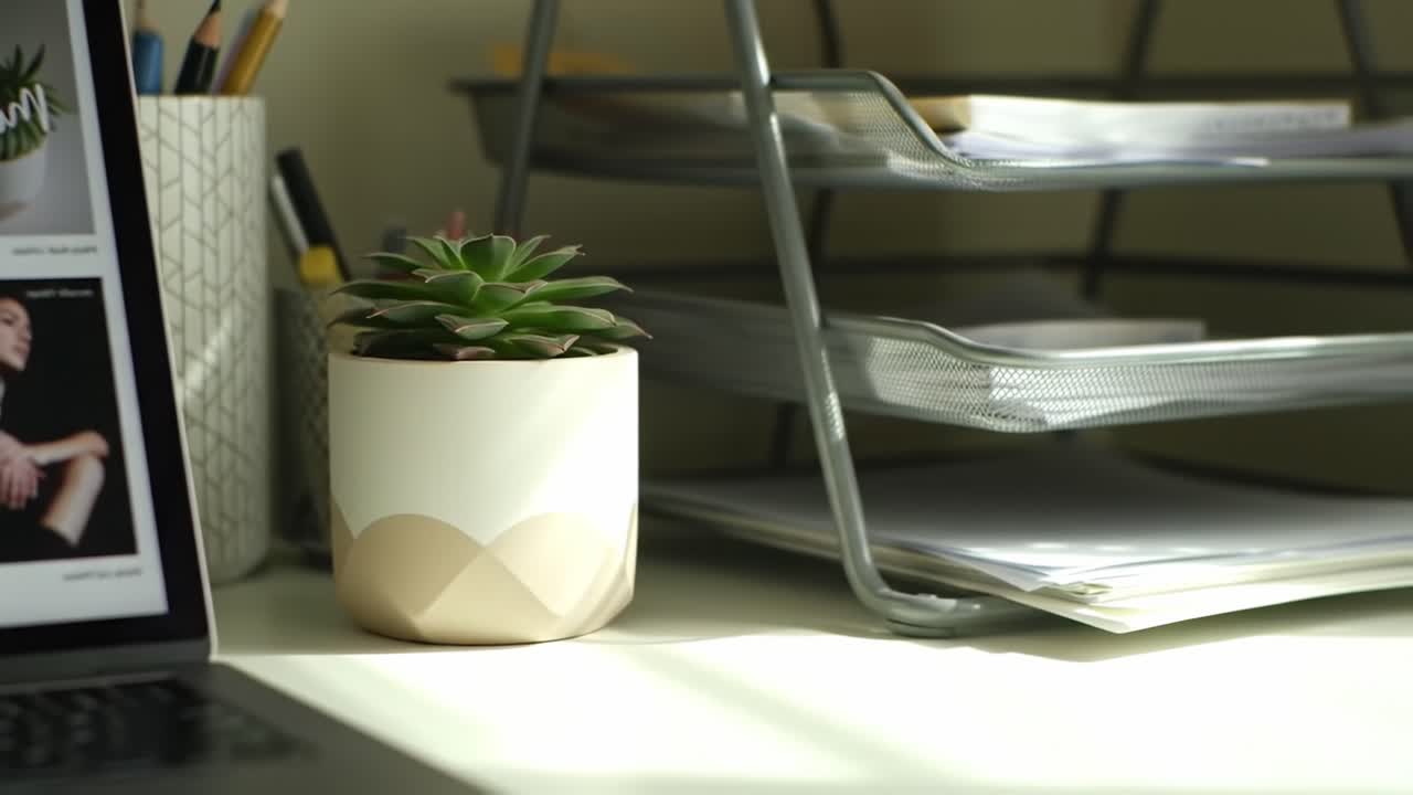 A Serene Workspace Featuring a Stylish Succulent Plant with a Sleek Laptop and Organized Stationery on a Modern Desk Setup