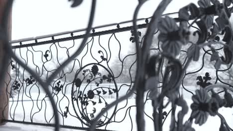 ornate black metal railing in winter