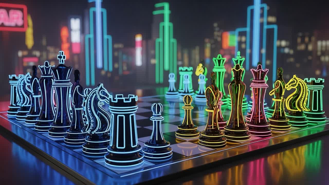 A Vibrant Neon Chess Match Illuminated by City Lights: A Strategic Battle Between Light and Dark Pieces on a Futuristic Chessboard