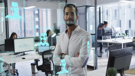 animación de fotos biométricas y procesamiento de datos sobre empresario biracial en la oficina