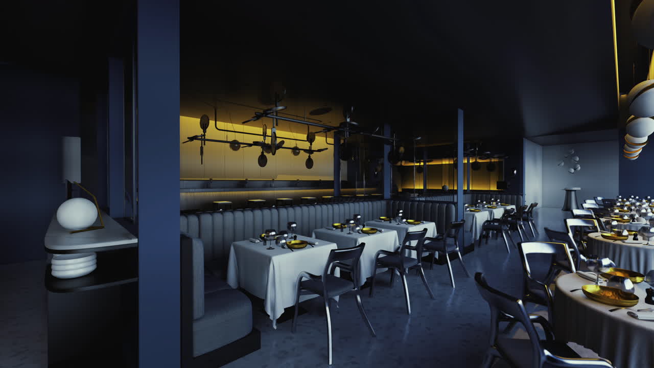 Sleek modern restaurant interior with elegant dining setup at night