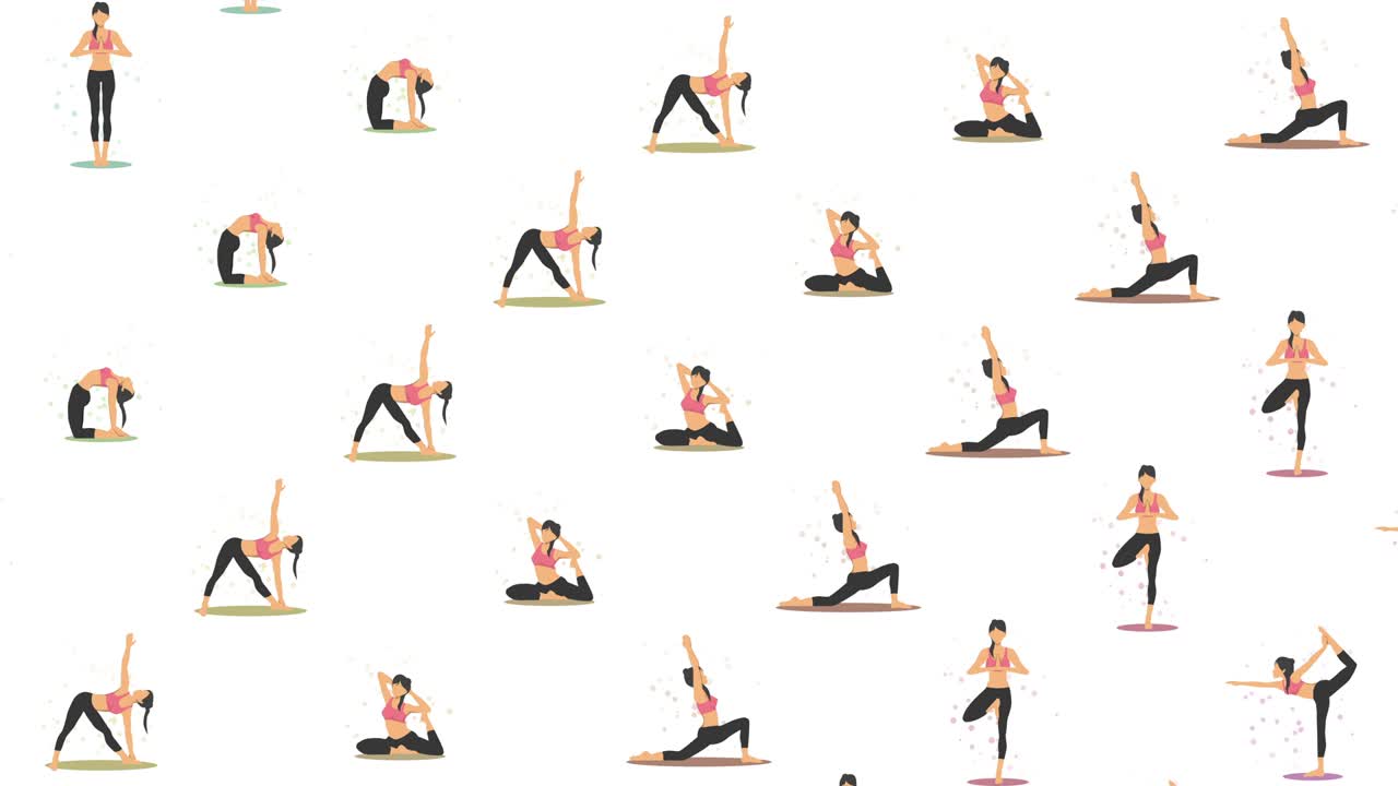 Ejercicio de yoga en la naturaleza. Colección de personajes femeninos de dibujos animados demostrando varias posiciones de yoga. Animación en bucle plana y colorida. Relájate y medita