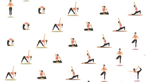 yoga exercise in nature. collection of female cartoon character demonstrating various yoga position. colorful flat loop animation. relax and meditate.