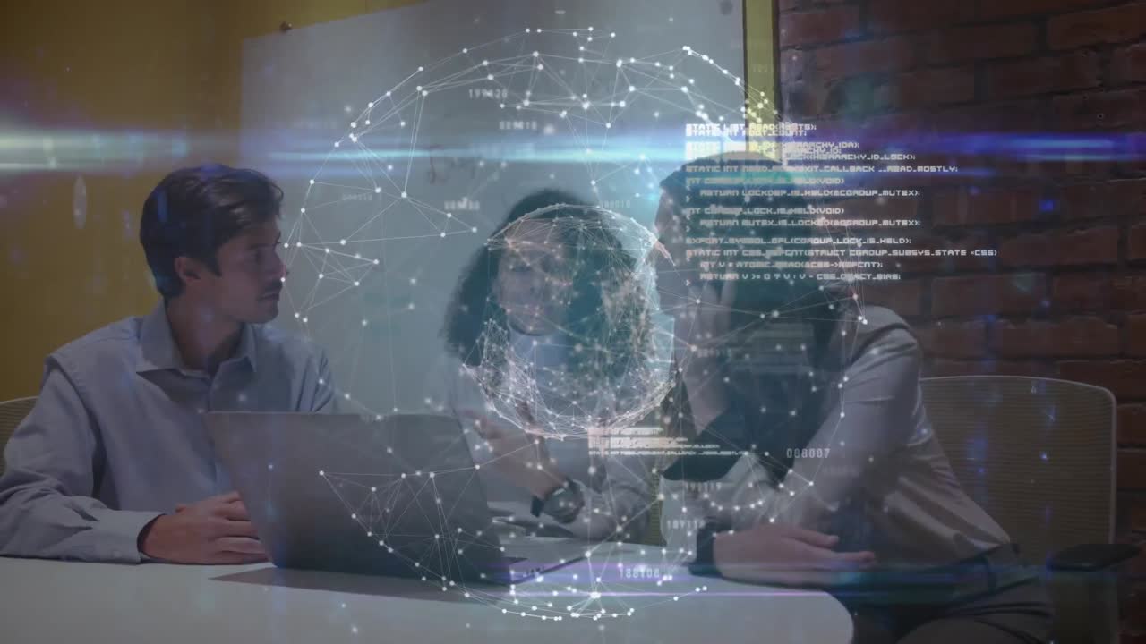 Animation of globe of connections with data processing over diverse business people at office
