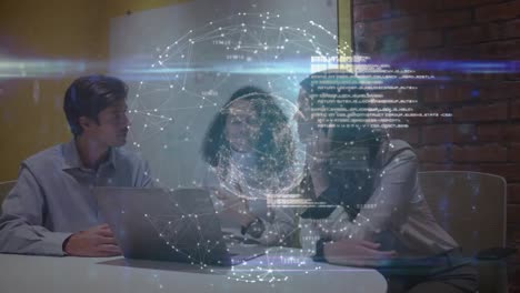 animation of globe of connections with data processing over diverse business people at office