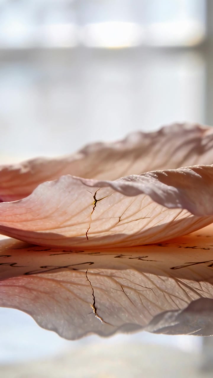 Video verticale: La telecamera mette a fuoco vicino a una finestra, rivelando un petalo rosa pallido con venature sul vetro e della carta.