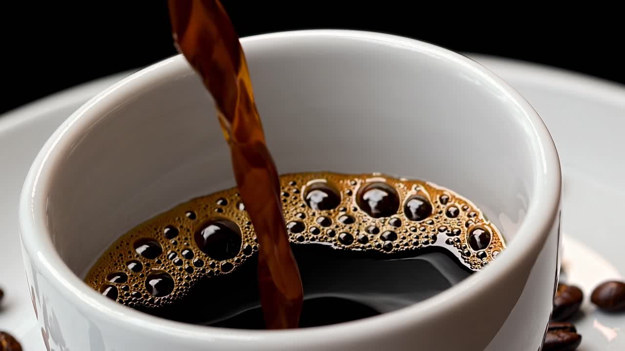 Vídeo em close-up de café sendo derramado em uma xícara branca, capturando a textura rica e a cor intensa