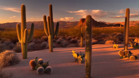 desert landscape with saguaro cacti at sunset