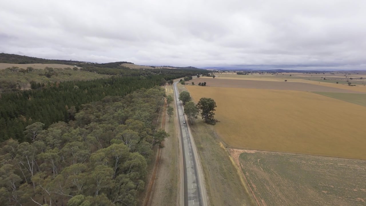 Seguendo una strada di campagna asfaltata con drone, foresta da un lato e campi dall'altro, Australia Meridionale.