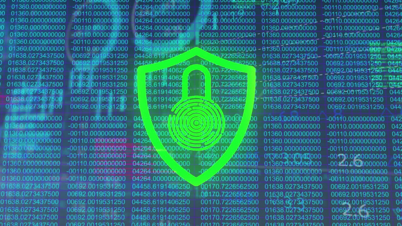 animación del icono de candado y escudo de seguridad sobre el procesamiento de datos contra un fondo azul.