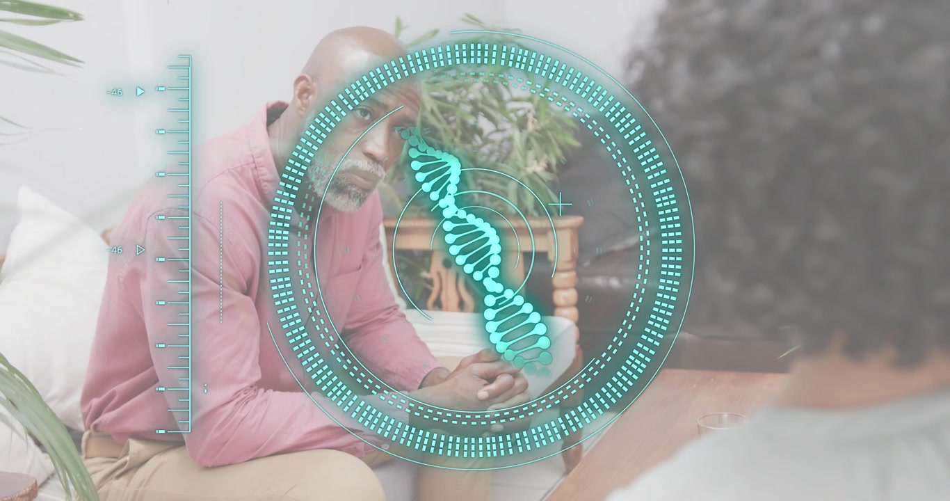 Therapist speaking initiating diagnostic scan on client, generating rotating DNA helix overlay