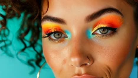 a woman with bright orange and blue eye makeup