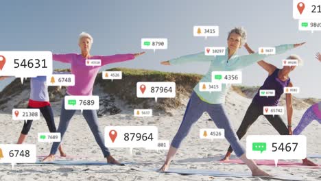 Animation-of-social-media-notifications,-over-women-exercising-on-beach