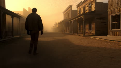 lone figure walks through a dusty old western town at sunset